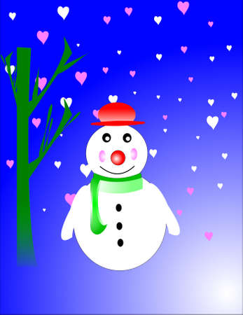 hapy snowman on blue with pink heart snowflakesのイラスト素材