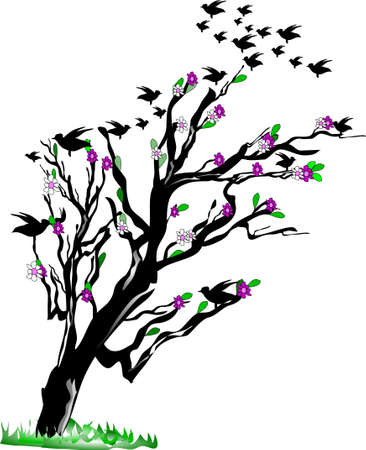 birds in a blossom tree on whiteのイラスト素材