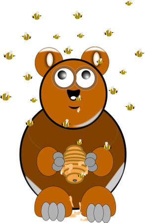 brown brown bear with beehive and swarm of bees overheadのイラスト素材