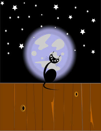 black cat on fence in front of moonのイラスト素材