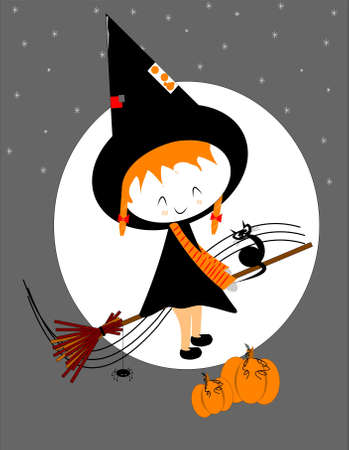 lil witch on broom stick のイラスト素材