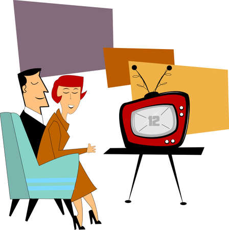 couple watching new tv in fifties のイラスト素材
