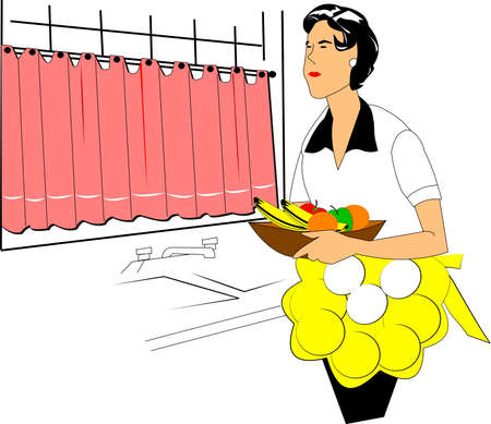 mom in kitchen with bowl of fruit over whiteのイラスト素材