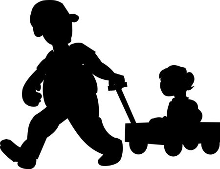 father pulling daughter in wagon silhouetteのイラスト素材