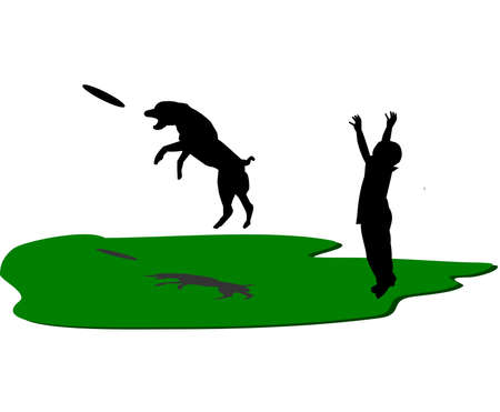 boy and dog playing frisbeeのイラスト素材
