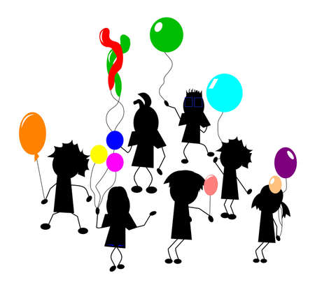 large group of silhouette kids at birthday set のイラスト素材