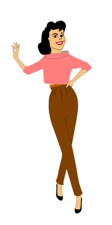 fifties woman in long pants and pink sweaterのイラスト素材