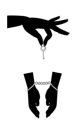 woman in handcuffs and lady holding the key silhouetteのイラスト素材