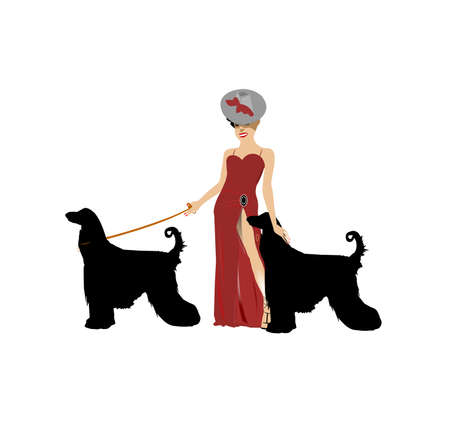 diva facing left with her afghans on leash のイラスト素材