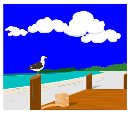 seagull standing on post of dock in the bay concept のイラスト素材