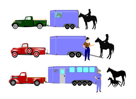 horse trailer with horses and cowboys のイラスト素材