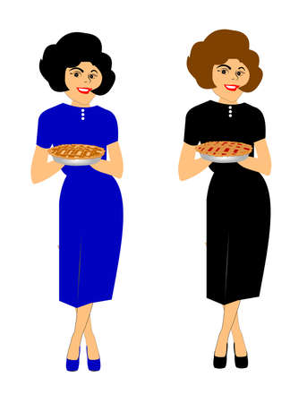 retro moms carrying pies のイラスト素材