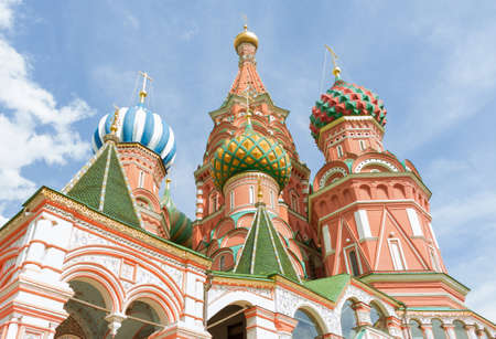 Russian Landmark St. Basil of brick, with colored domesの写真素材