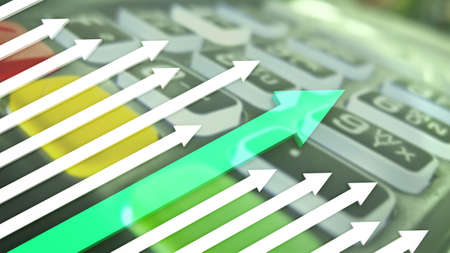 growth graph with a green arrow on the background of cashless payment terminalの写真素材