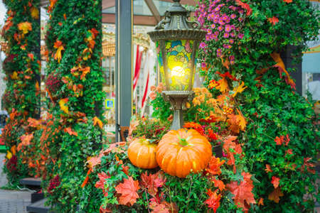 Holiday Halloween, decorative lantern shining pumpkin with leaves, autumn 2017の写真素材