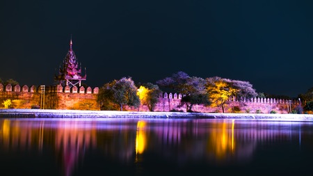 Bastion of Mandalay Palace at Night. Mandalay, Burma.の写真素材