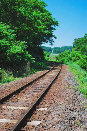 Railway track turning a bendの写真素材