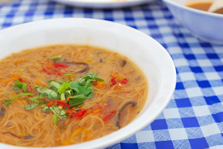 Sumptuous looking Chinese style noodles with mushrooms and vegetables. Suitable for concepts such as...