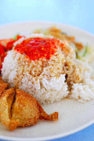 Healthy Asian style vegetarian chicken rice topped with spicy chili sauce. Suitable for concepts such as diet and nutrition, healthy eating and lifestyle, and food and beverage.の写真素材