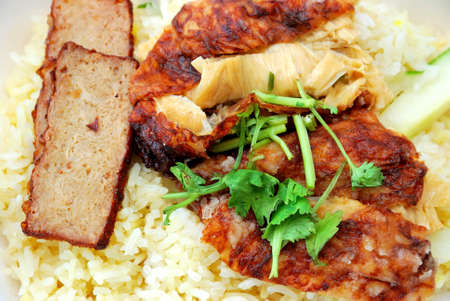 Vegetarian chicken and roasted pork rice. Suitable for concepts such as diet and nutrition, healthy eating and healthy lifestyle, and food and beverage.の写真素材