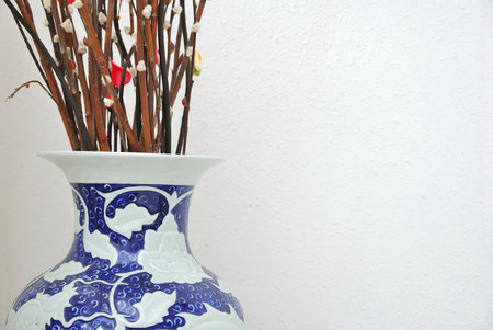 Oriental vase with Chinese Lunar New Year decoration. For New Year objects, celebration and festival, and culture and lifestyle concepts.の写真素材