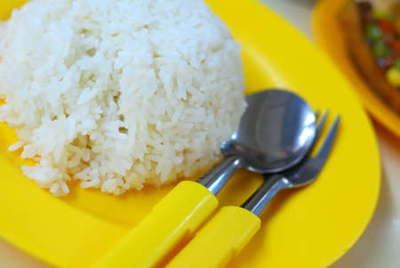White rice with vegetable dishes in background. Rice is the stable diet in most Asian countries. For diet and nutrition, healthy eating and lifestyle concepts.の写真素材