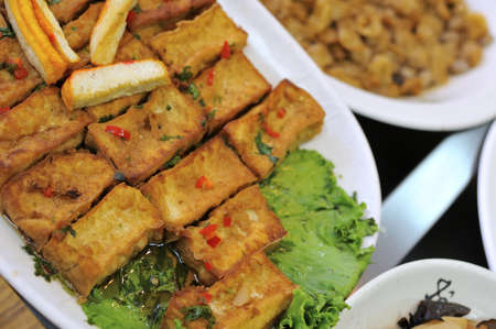 Unique fried bean curd cuisine in restaurant.の写真素材