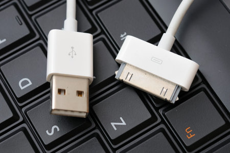 Top down view of white electronic cable on black latop keys.