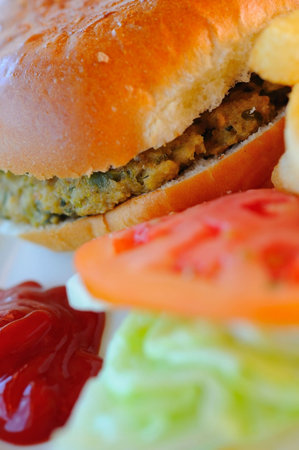 Closeup shot of delicious vegetarian burger pattie.の写真素材