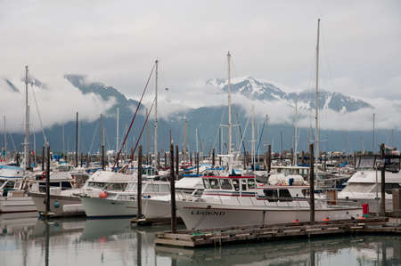White sailing boats parked in the harbor.のeditorial素材