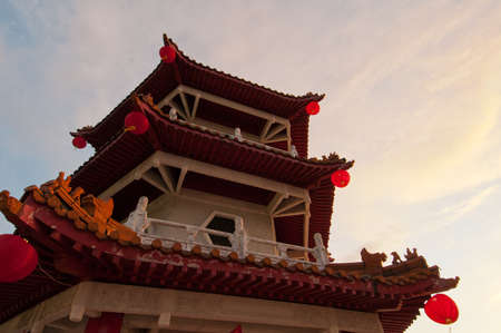 Closeup view of Oriental style tower architecture at sunset.のeditorial素材