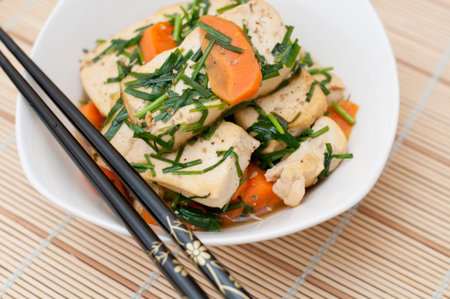 Traditional vegetarian dish of deep fried bean curd and vegetable ingredients.の写真素材