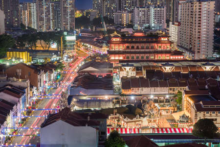 Night view of main street in Chinatown with Buddhist temple lighted up during the Lunar New Year. Taken 05 February 2016.のeditorial素材