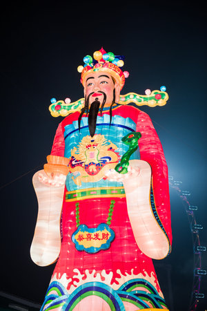 Singapore, 09 Feb 2016: Huge statue of God of Fortune for Chinese New Year decoration.The River...