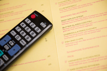 Television remote control on food menu. Food and entertainment concepts.の写真素材