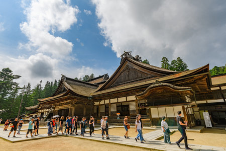 Wakayama, Japan - 23 July 2019: Tourist crowds visiting the World Heritage Site in Mount Koyasan.