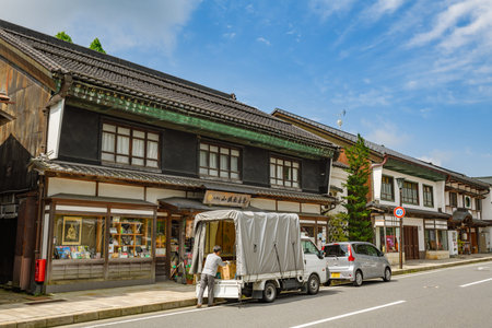 Wakayama, Japan - 24 July 2019: Main street at Koyasan lined with various shophouses and eateries.
