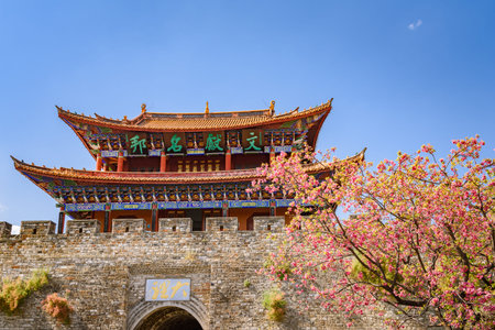 Yunnan, China - 25 March 2016: Main majestic stone gate entrance to Dali city in spring season.のeditorial素材