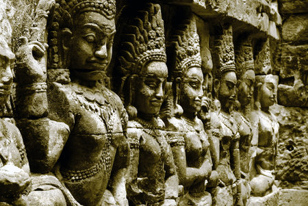 Ornate bas-reliefs at the Terrace of the Leper King, in the premises of Angkor Thom, Cambodia