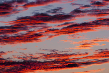 Blue sky spinkled with firy clouds at sunset