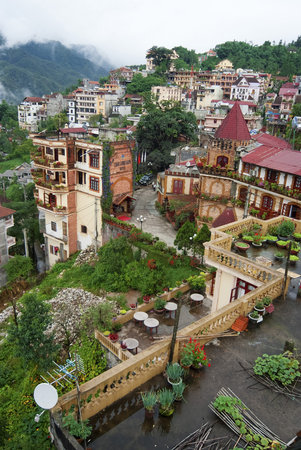 SAPA, VIETNAM - JULY 6: Aerial view of buildings in Sapa on July 6, 2009 in Vietnam. Centre of Sapa...
