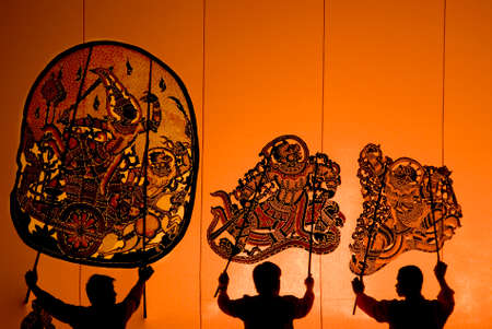 RATCHBURI, THAILAND - APRIL 13: Large Shadow Play is performed at Wat Khanon on April 13, 2010. Large Shadow Play or Nang Yai is a performing art which Wat Khanon tries to preserve as a Thai heritageのeditorial素材