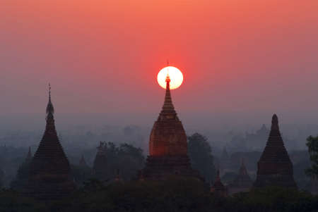 Sunrise over the Bagan pagodas in Myanmarの写真素材