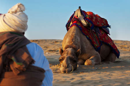 JAISALMER, INDIA - FEB 26   Cameleer waits for tourists at the Sam Sand Dune on Feb 26, 2013 in Jaisalmer, India   Camel riding activity is another income source for desert villagers apart from farming and animal raisingのeditorial素材