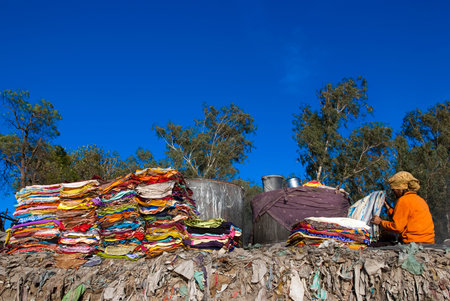 AGRA, INDIA â MAR 01  A woman arranges customersのeditorial素材