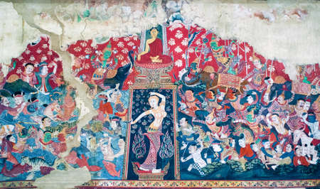 RATCHBURI, THAILAND - APR 13   Details of Thai mural painting at Kongkaram Temple on April 13, 2013 in Ratchburi, Thailand  Scenes from previous life of Buddha are often shown in Thai templeのeditorial素材