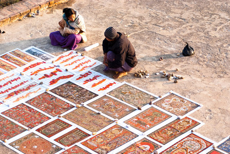 BAGAN, MYANMAR - FEBRUARY 15  Sand paintings for sale outside a temple on February 15, 2011 in Bagan, Myanmar  Sand paintings are popular in Bagan because they are made using sand-covered cloth as a medium rather than ordinary canvasのeditorial素材