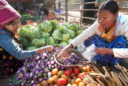 NYAUNG-U,MYANMAR-FEBRUARY 14  Unidentified girl sets up vegetable stall on February 14, 2011 at Nyaung-U market,Myanmar  It is a local market where people come from all over the area to sell products のeditorial素材