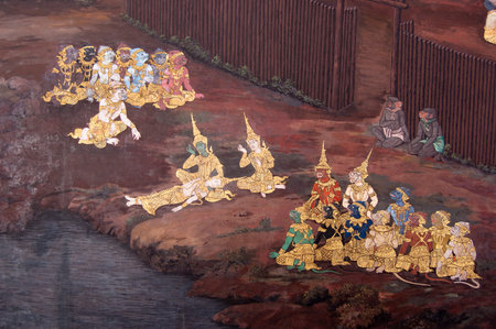 BANGKOK, THAILAND - APR 15: Thai mural paintings at Wat Phra Kaew on April 15, 2007 in Bangkok,...