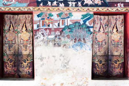 RATCHBURI, THAILAND - APR 13   Details of Thai mural painting at Kongkaram Temple on April 13, 2013 in Ratchburi, Thailand  Scenes from previous life of Buddha are often shown in Thai templeのeditorial素材